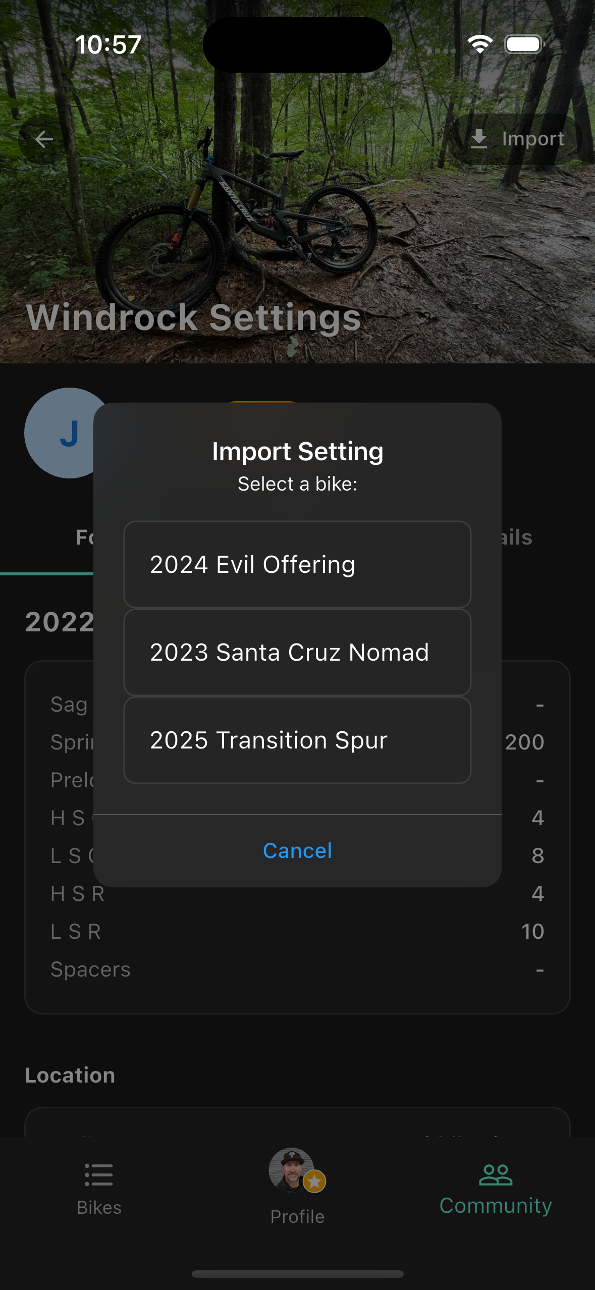Community setting detail with Import button