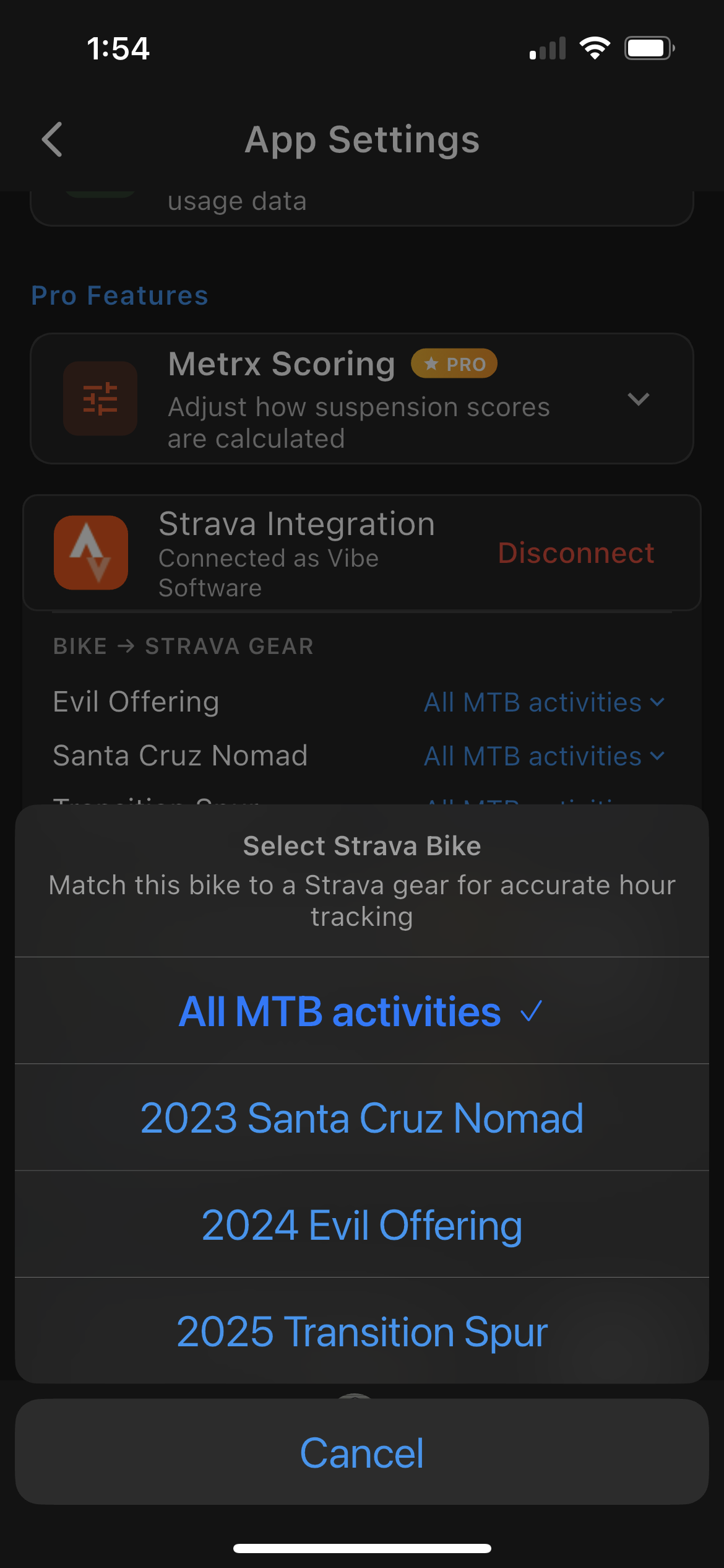 Strava sync in settings